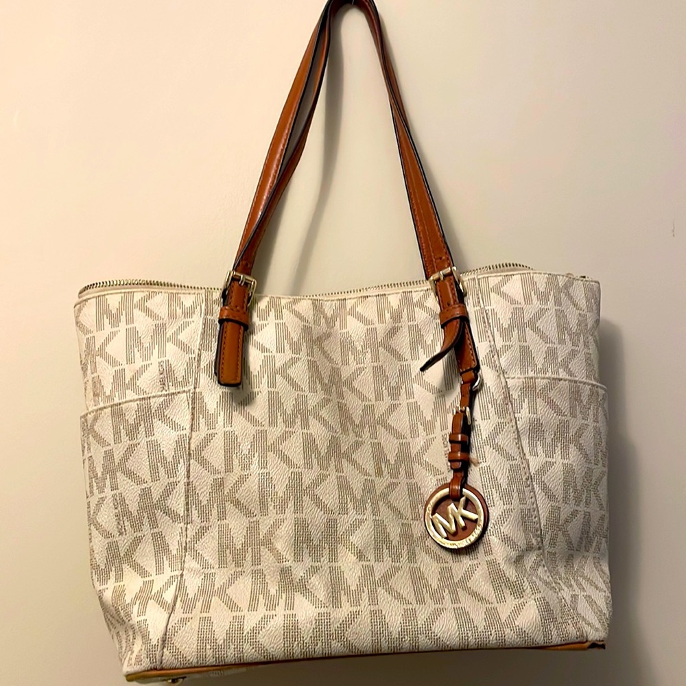 Michael Kors White and Tan Tote Bag